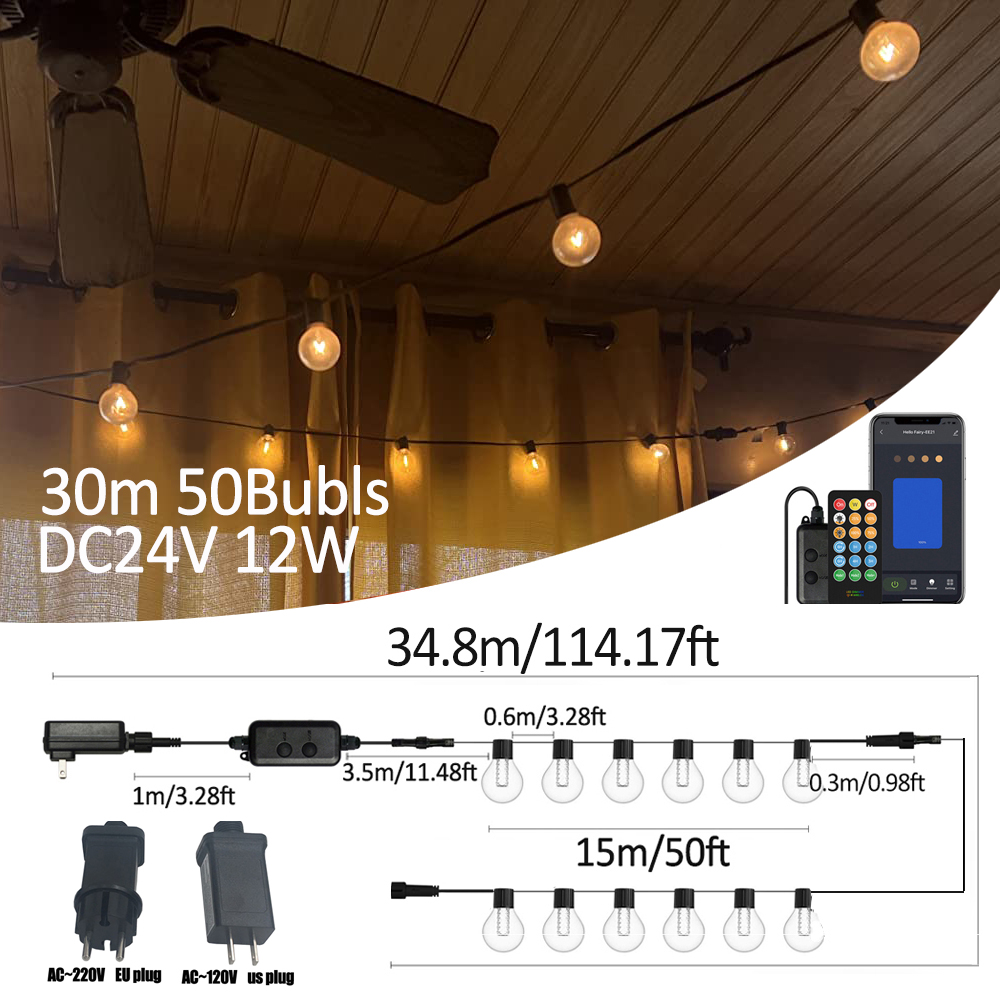 Smart Garden Led Lights - ไฟสาย LED อัจฉริยะ G40 สำหรับตกแต่งภายนอกอาคาร พร้อมรีโมทคอนโทรล